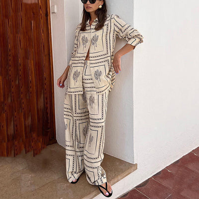 Women's Geometric Print 2 Piece Set Shirt And Wide Leg Pants