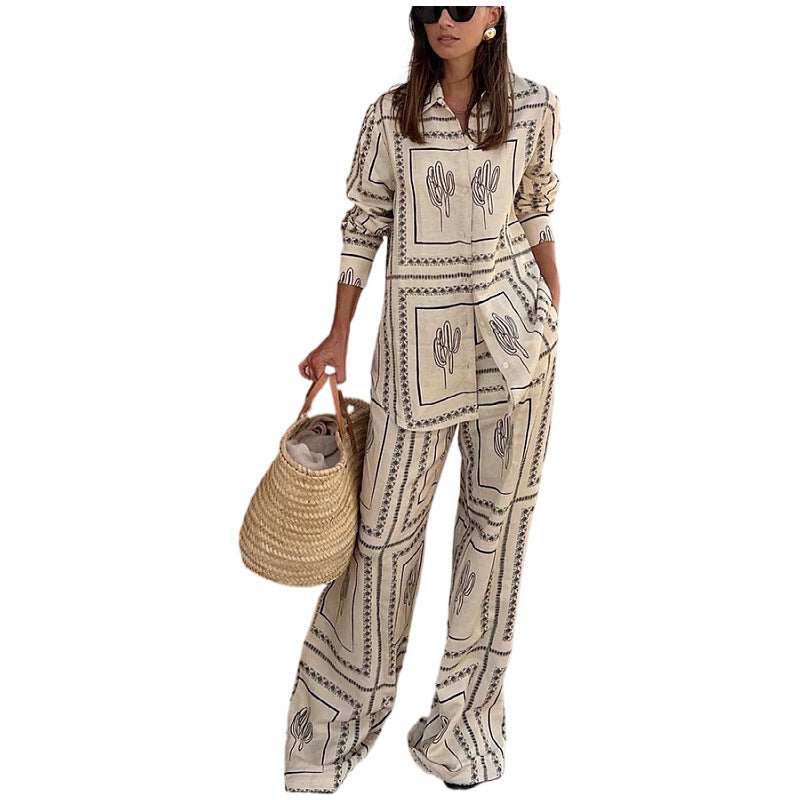 Women's Geometric Print 2 Piece Set Shirt And Wide Leg Pants
