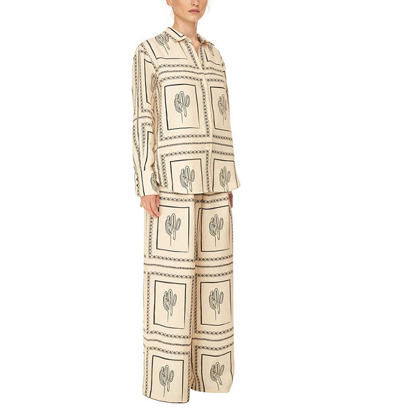 Women's Geometric Print 2 Piece Set Shirt And Wide Leg Pants