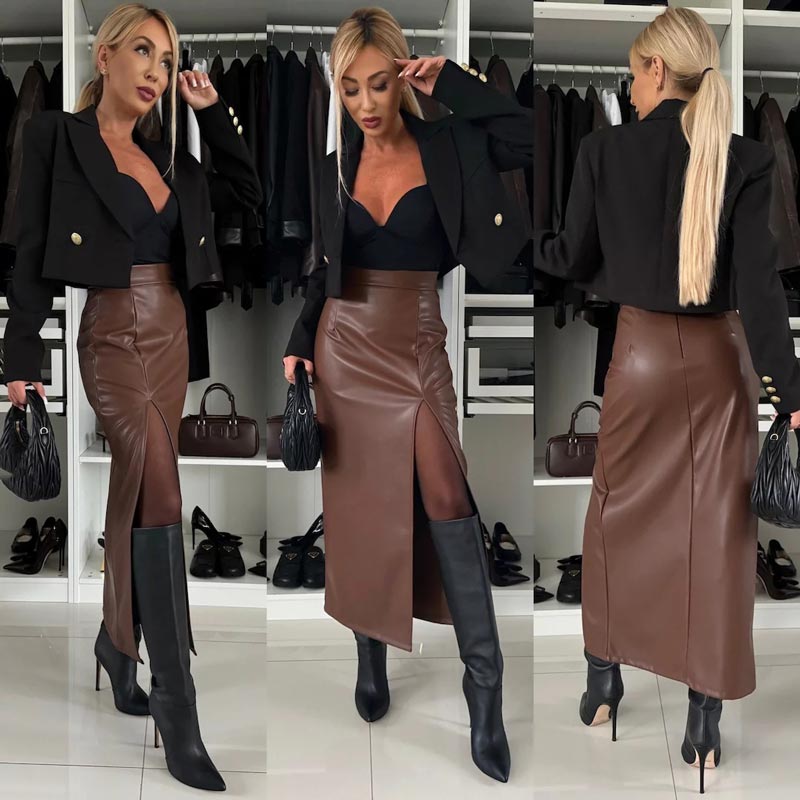 Women's High Waist Leather Skirt Elegant Thigh Slit Design