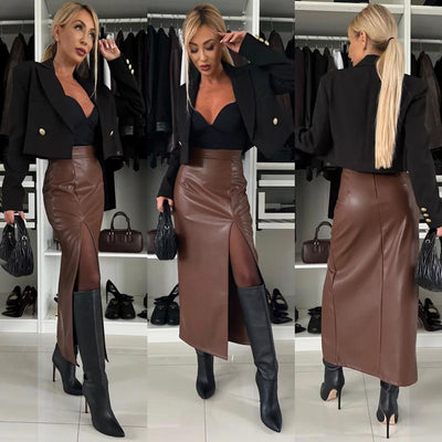 Women's High Waist Leather Skirt Elegant Thigh Slit Design