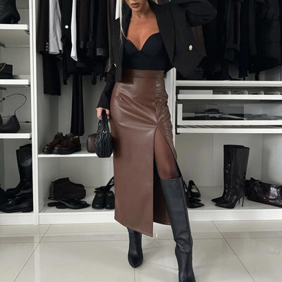 Women's High Waist Leather Skirt Elegant Thigh Slit Design