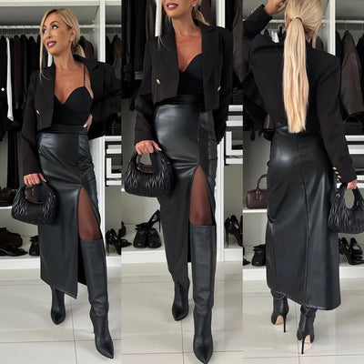 Women's High Waist Leather Skirt Elegant Thigh Slit Design