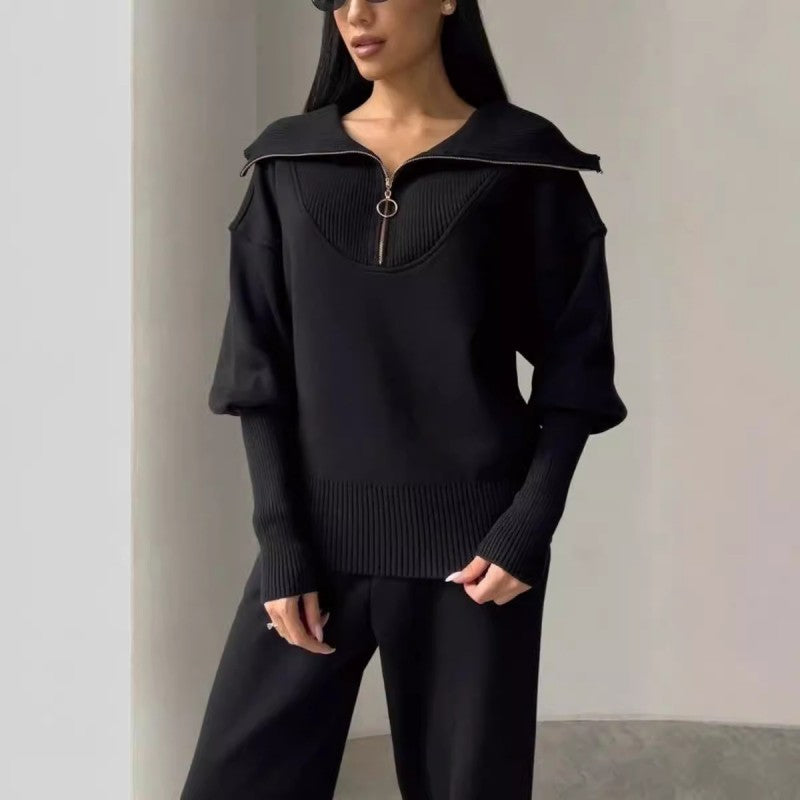 Women's Casual Sporty 2-Piece Set Half-Zipper Lapel Top Joggers