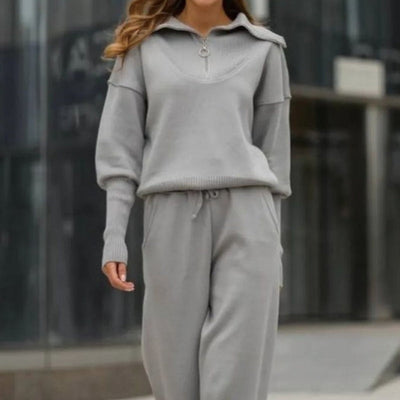 Women's Casual Sporty 2-Piece Set Half-Zipper Lapel Top Joggers