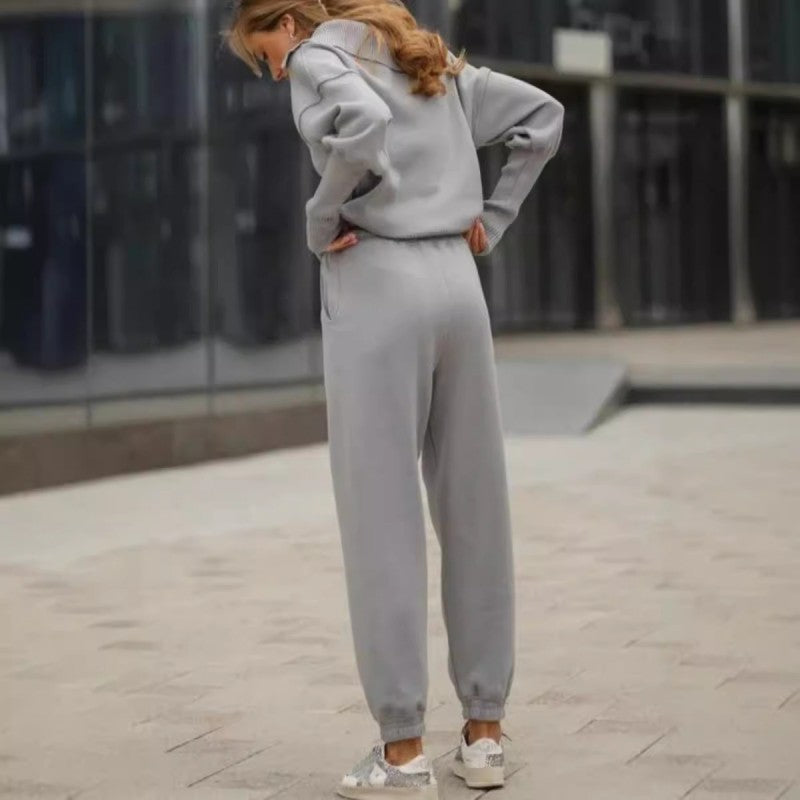 Women's Casual Sporty 2-Piece Set Half-Zipper Lapel Top Joggers