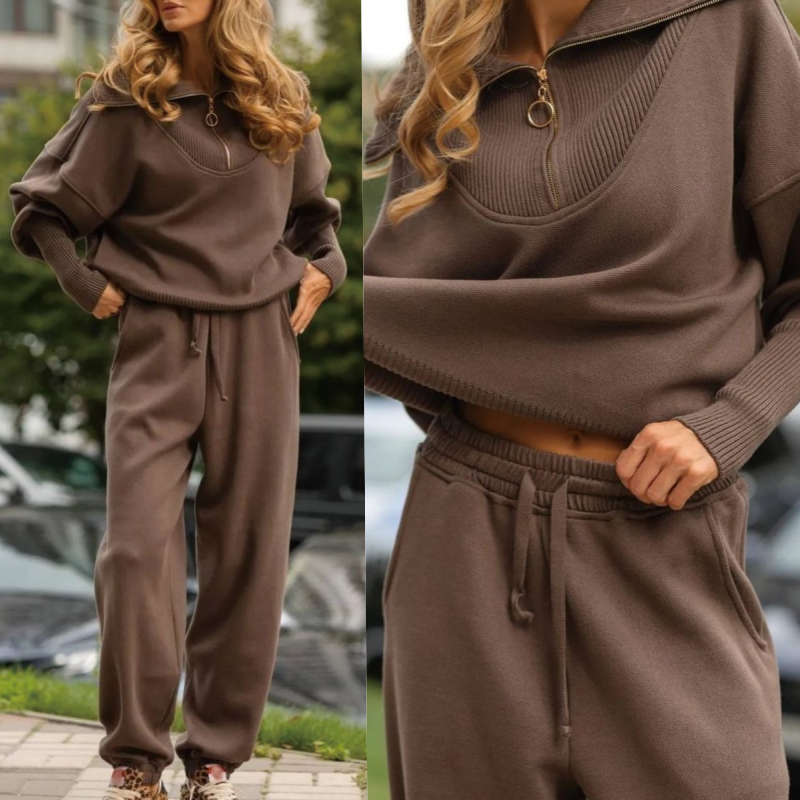 Women's Casual Sporty 2-Piece Set Half-Zipper Lapel Top Joggers
