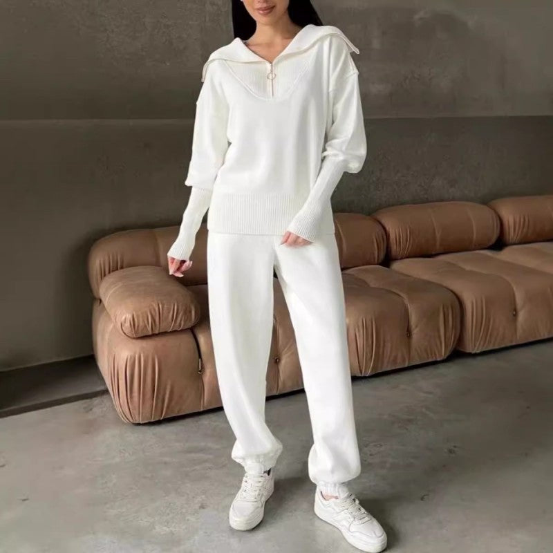 Women's Casual Sporty 2-Piece Set Half-Zipper Lapel Top Joggers