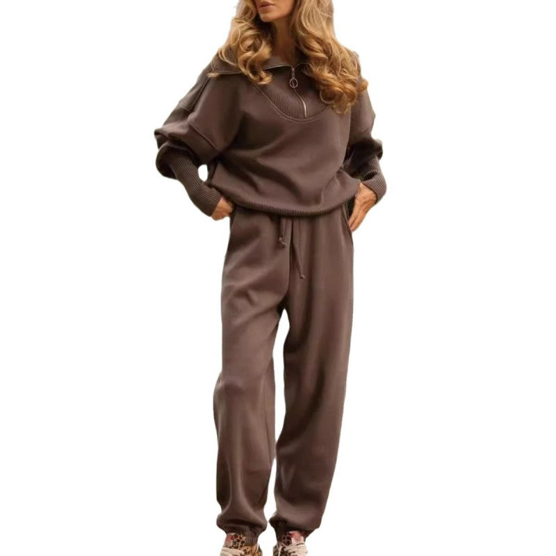 Women's Casual Sporty 2-Piece Set Half-Zipper Lapel Top Joggers