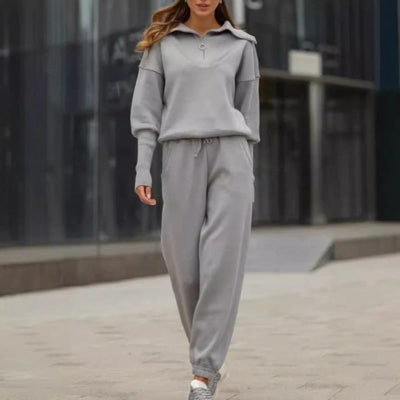 Women's Casual Sporty 2-Piece Set Half-Zipper Lapel Top Joggers