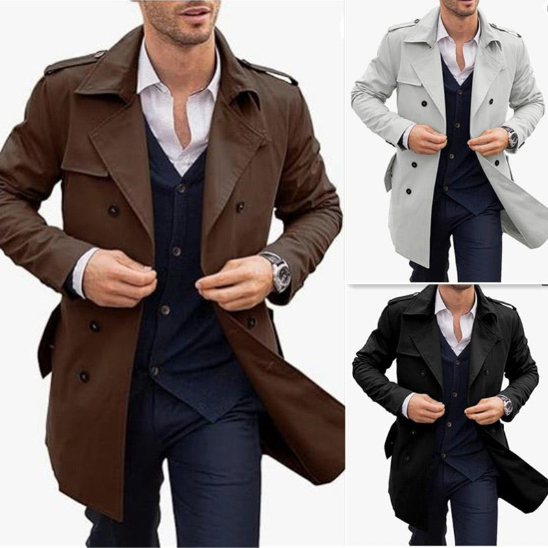 Men's Double Breasted Coat With Lapel And Functional Pockets