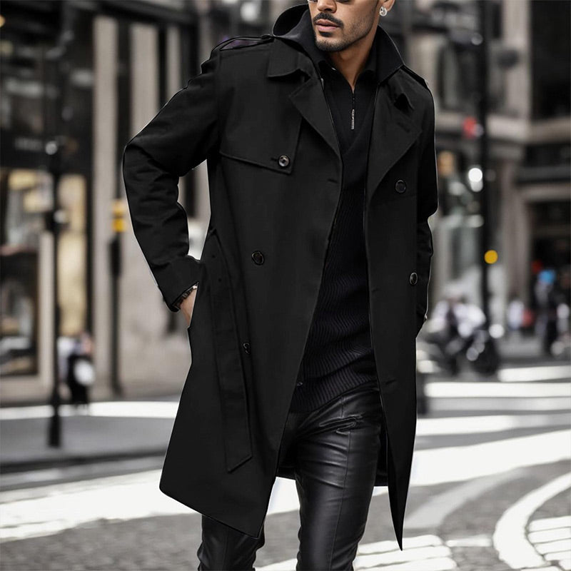 Men's Double Breasted Coat With Lapel And Functional Pockets
