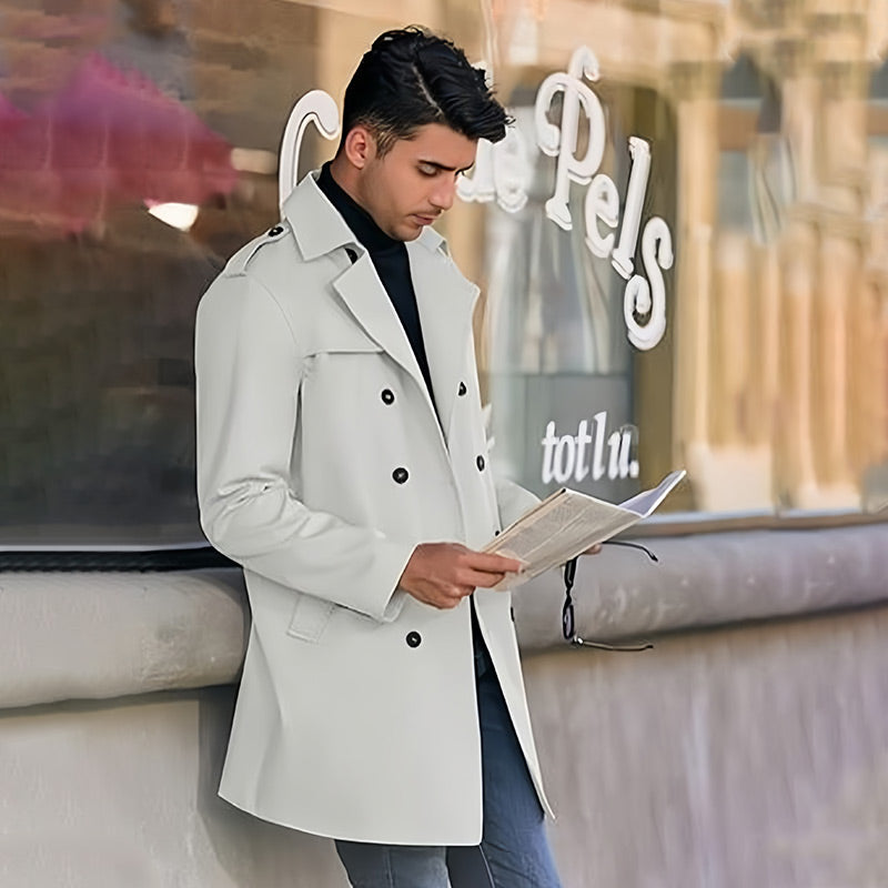 Men's Double Breasted Coat With Lapel And Functional Pockets