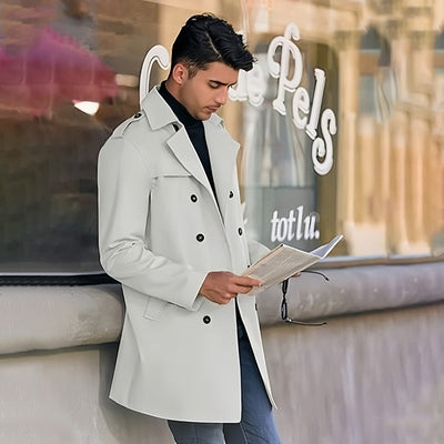 Men's Double Breasted Coat With Lapel And Functional Pockets