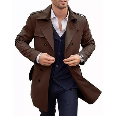 Men's Double Breasted Coat With Lapel And Functional Pockets