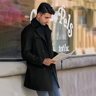 Men's Double Breasted Coat With Lapel And Functional Pockets