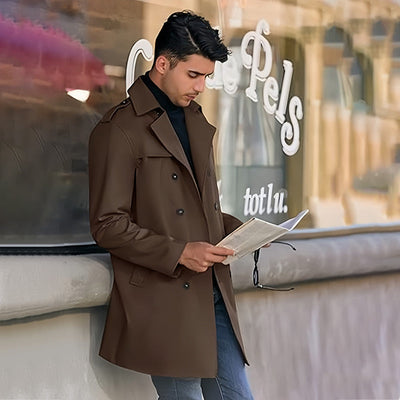 Men's Double Breasted Coat With Lapel And Functional Pockets