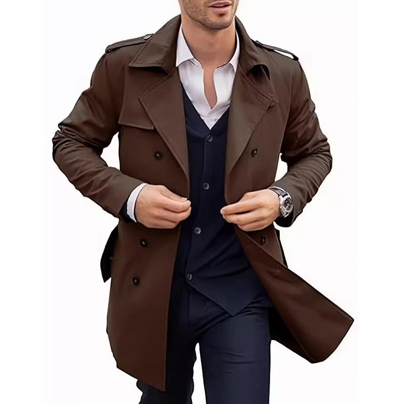 Men's Double Breasted Coat With Lapel And Functional Pockets