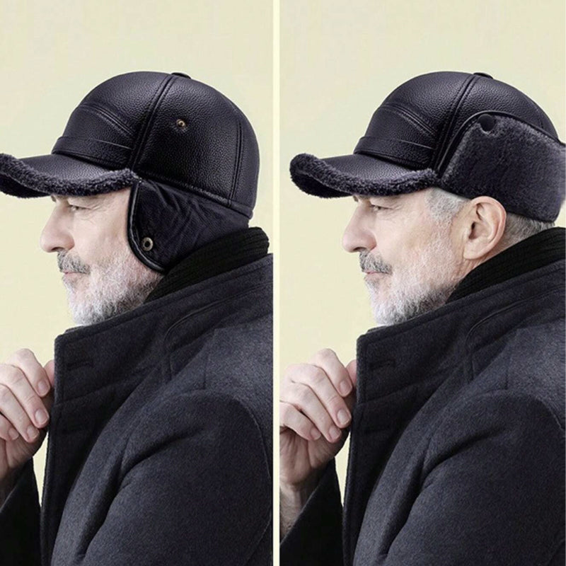 Men's Ear Protection Winter Hat Thick Faux Leather Warm Cap
