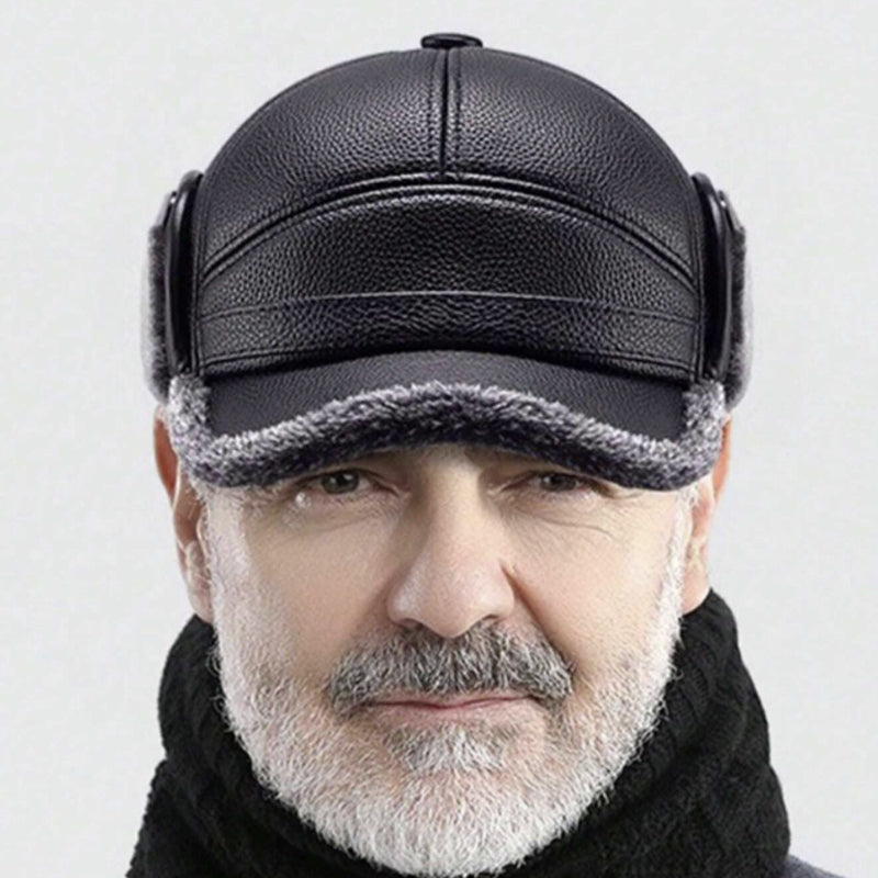 Men's Ear Protection Winter Hat Thick Faux Leather Warm Cap
