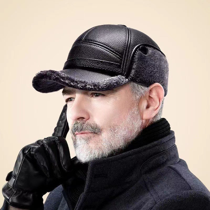 Men's Ear Protection Winter Hat Thick Faux Leather Warm Cap