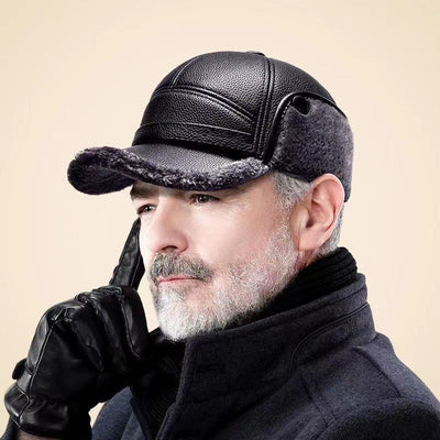 Men's Ear Protection Winter Hat Thick Faux Leather Warm Cap