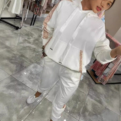 Women's Hooded Two Piece Set Drawstring Tops And Pants