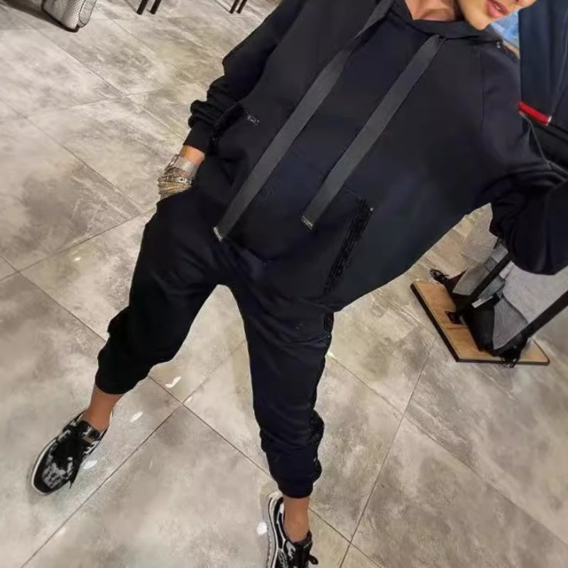Women's Hooded Two Piece Set Drawstring Tops And Pants