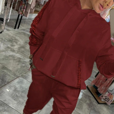 Women's Hooded Two Piece Set Drawstring Tops And Pants