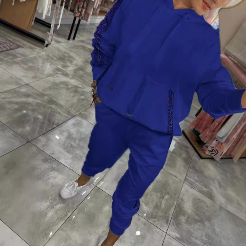 Women's Hooded Two Piece Set Drawstring Tops And Pants