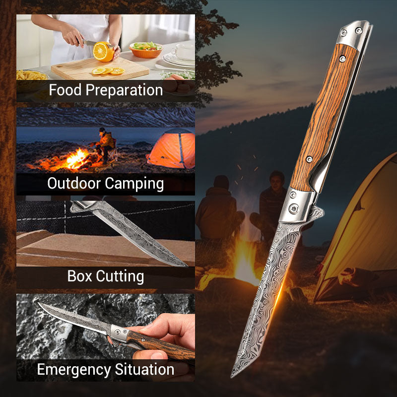 Folding Knife With Wooden Handle For Hiking Camping And Outdoor Use