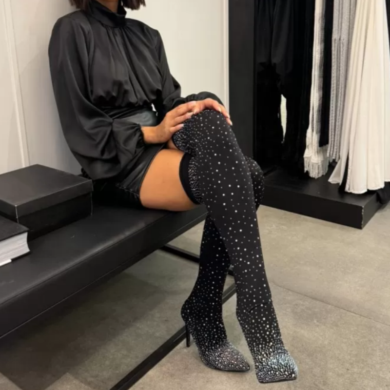 Women’s Sparkly Faux Diamond Over The Knee Boots Elegant Glamorous