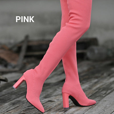 Women’s Over The Knee Block Heel Pointed Toe Boots
