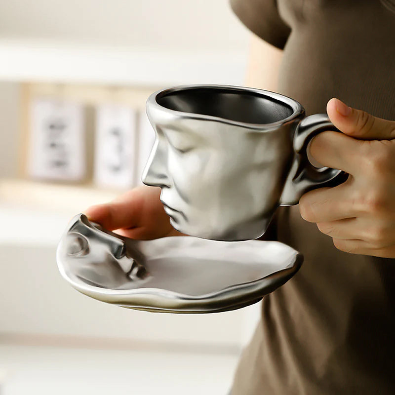 Creative Ceramic Face Coffee Mug With Artistic Metal Touch Design
