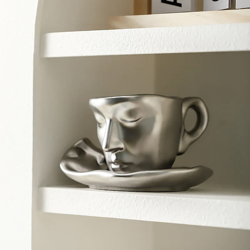 Creative Ceramic Face Coffee Mug With Artistic Metal Touch Design