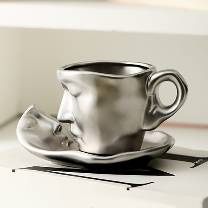 Creative Ceramic Face Coffee Mug With Artistic Metal Touch Design