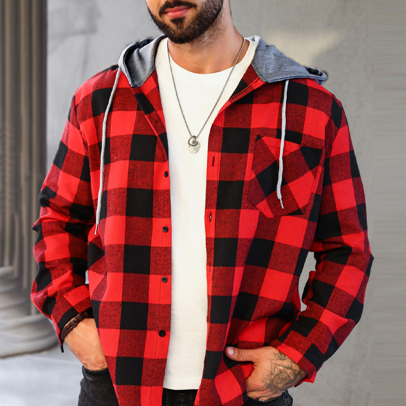 Men's Hooded Plaid Flannel Shirt Casual Comfortable Outdoor Wear