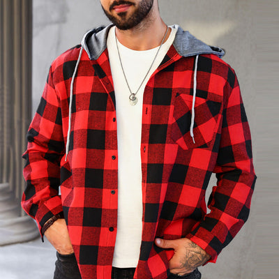 Men's Hooded Plaid Flannel Shirt Casual Comfortable Outdoor Wear