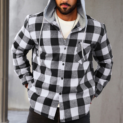 Men's Hooded Plaid Flannel Shirt Casual Comfortable Outdoor Wear