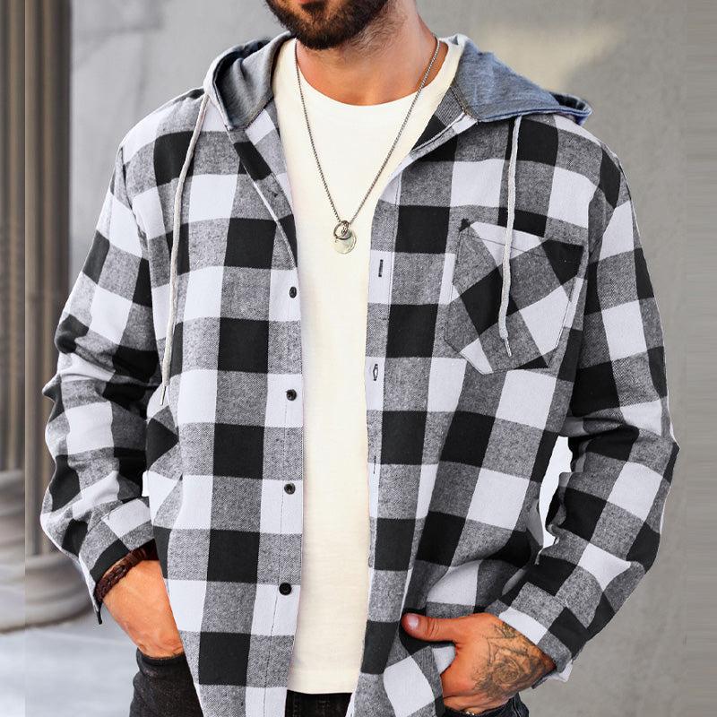 Men's Hooded Plaid Flannel Shirt Casual Comfortable Outdoor Wear