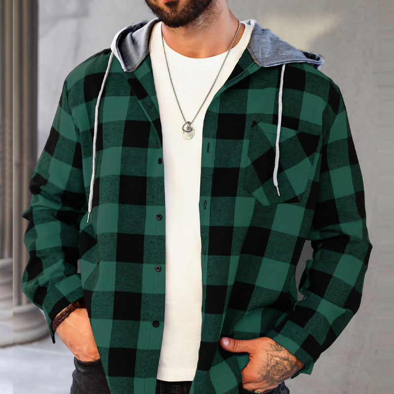 Men's Hooded Plaid Flannel Shirt Casual Comfortable Outdoor Wear