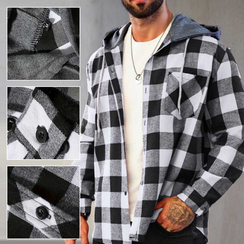 Men's Hooded Plaid Flannel Shirt Casual Comfortable Outdoor Wear