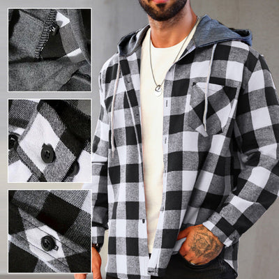 Men's Hooded Plaid Flannel Shirt Casual Comfortable Outdoor Wear