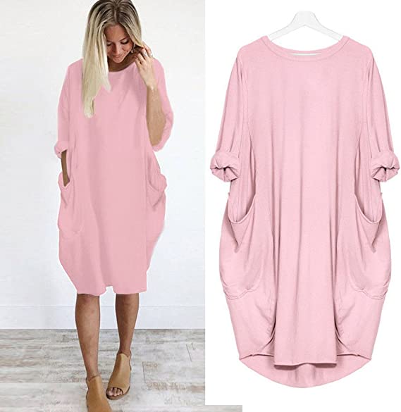 Women Casual Loose Pocket Long Sleeves Dress Comfortable Stylish