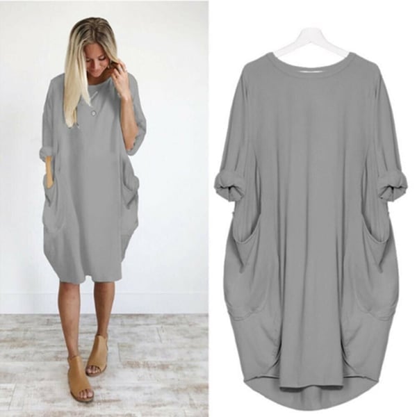 Women Casual Loose Pocket Long Sleeves Dress Comfortable Stylish