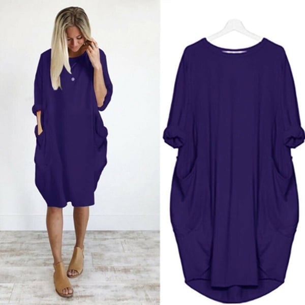 Women Casual Loose Pocket Long Sleeves Dress Comfortable Stylish