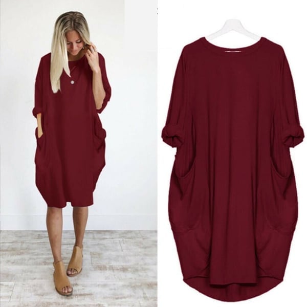 Women Casual Loose Pocket Long Sleeves Dress Comfortable Stylish