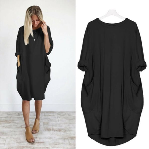 Women Casual Loose Pocket Long Sleeves Dress Comfortable Stylish