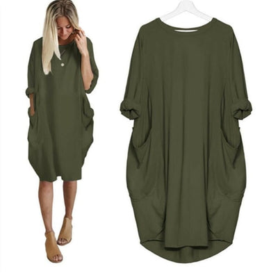 Women Casual Loose Pocket Long Sleeves Dress Comfortable Stylish