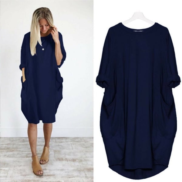 Women Casual Loose Pocket Long Sleeves Dress Comfortable Stylish